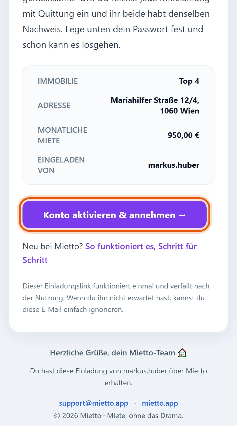Die Einladung des Vermieters per E-Mail, mit Wohnung, Miete und dem Button, der das Konto aktiviert.