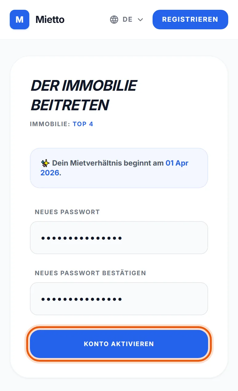 Die Seite, auf der du der Wohnung beitrittst, mit zwei Passwortfeldern und dem Button, der das Konto aktiviert.