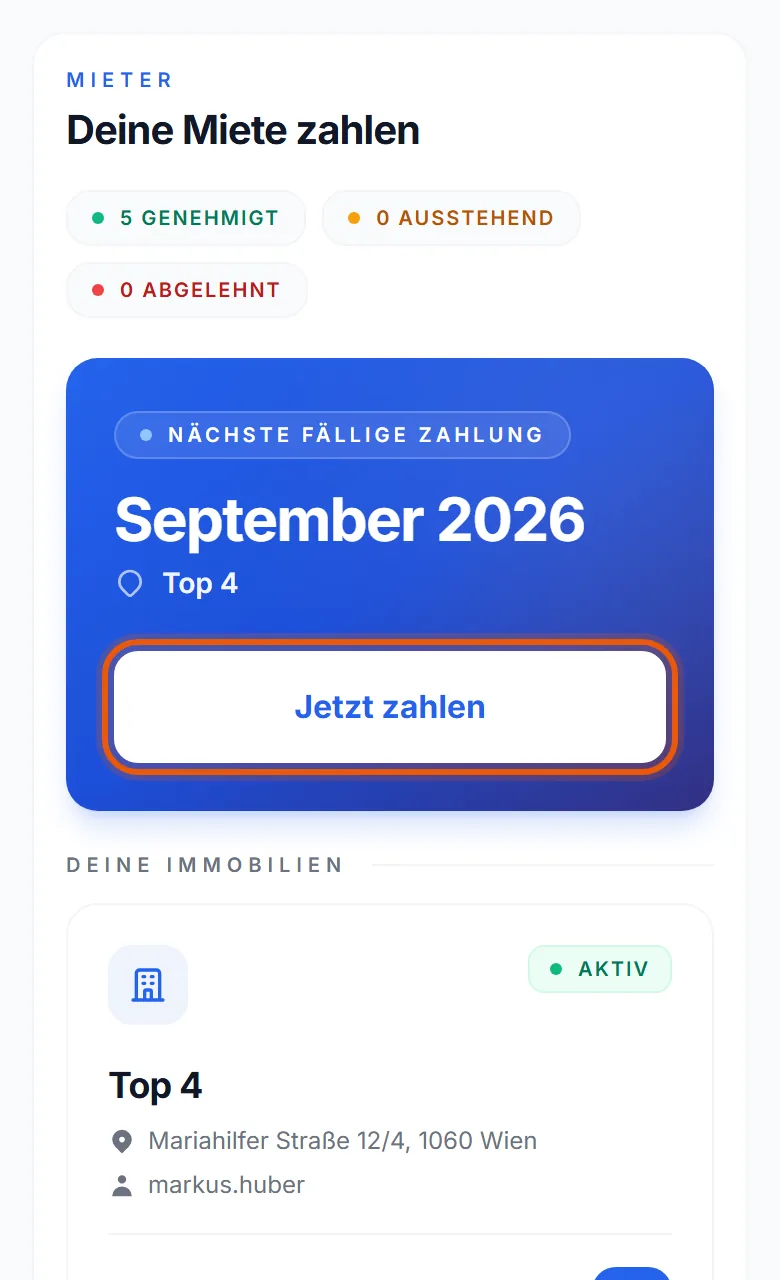 Das Dashboard des Mieters: die nächste fällige Zahlung, mit dem Button Jetzt zahlen.