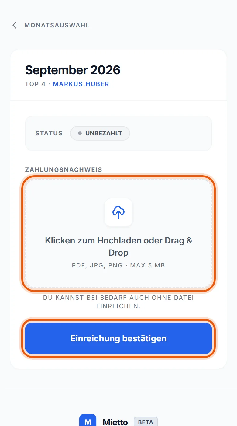 Die Seite dieses Monats, mit dem Feld für den Beleg und dem Button, der ihn einreicht.