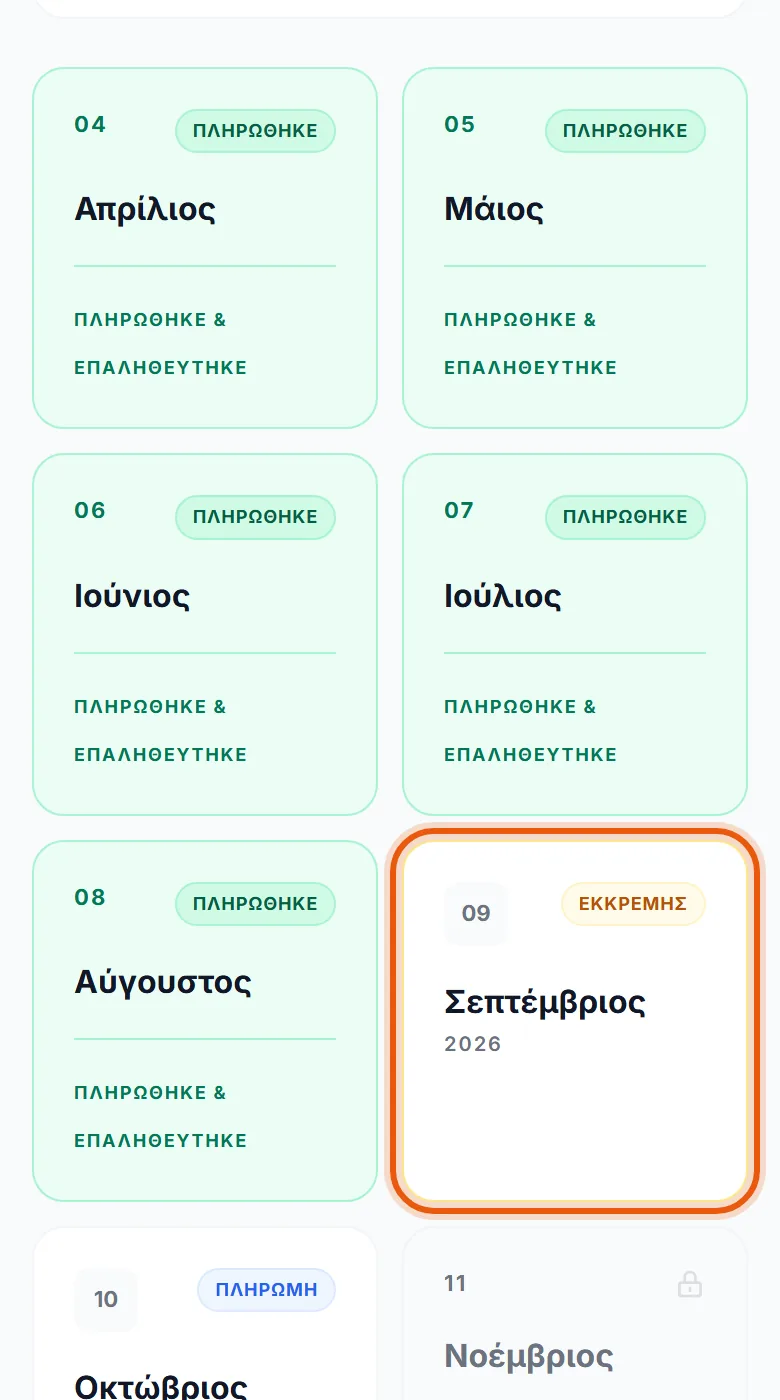 Ξανά οι μήνες σε πλέγμα, με τον τρέχοντα μήνα πλέον σε εκκρεμότητα.