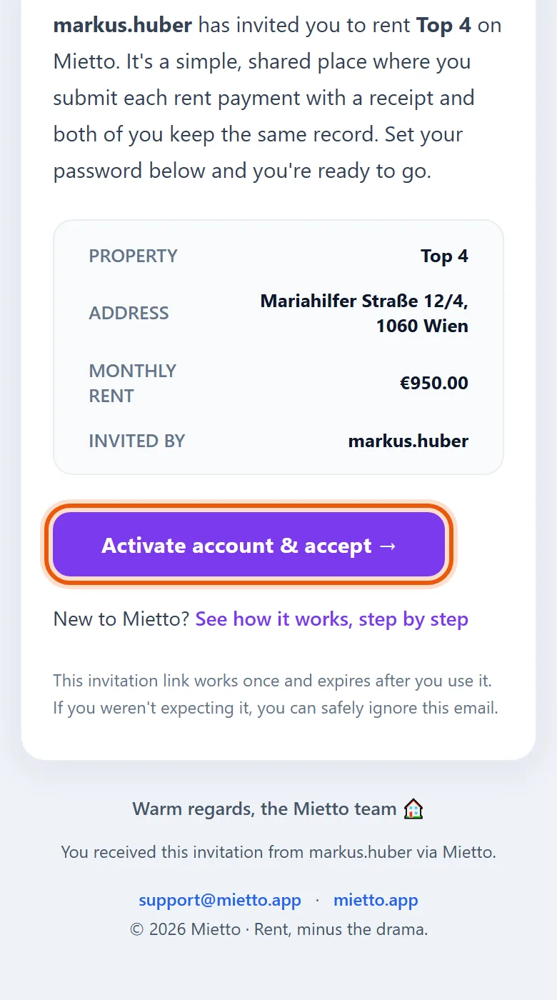 The invitation email from the landlord, with the flat, the rent and its button to activate the account.