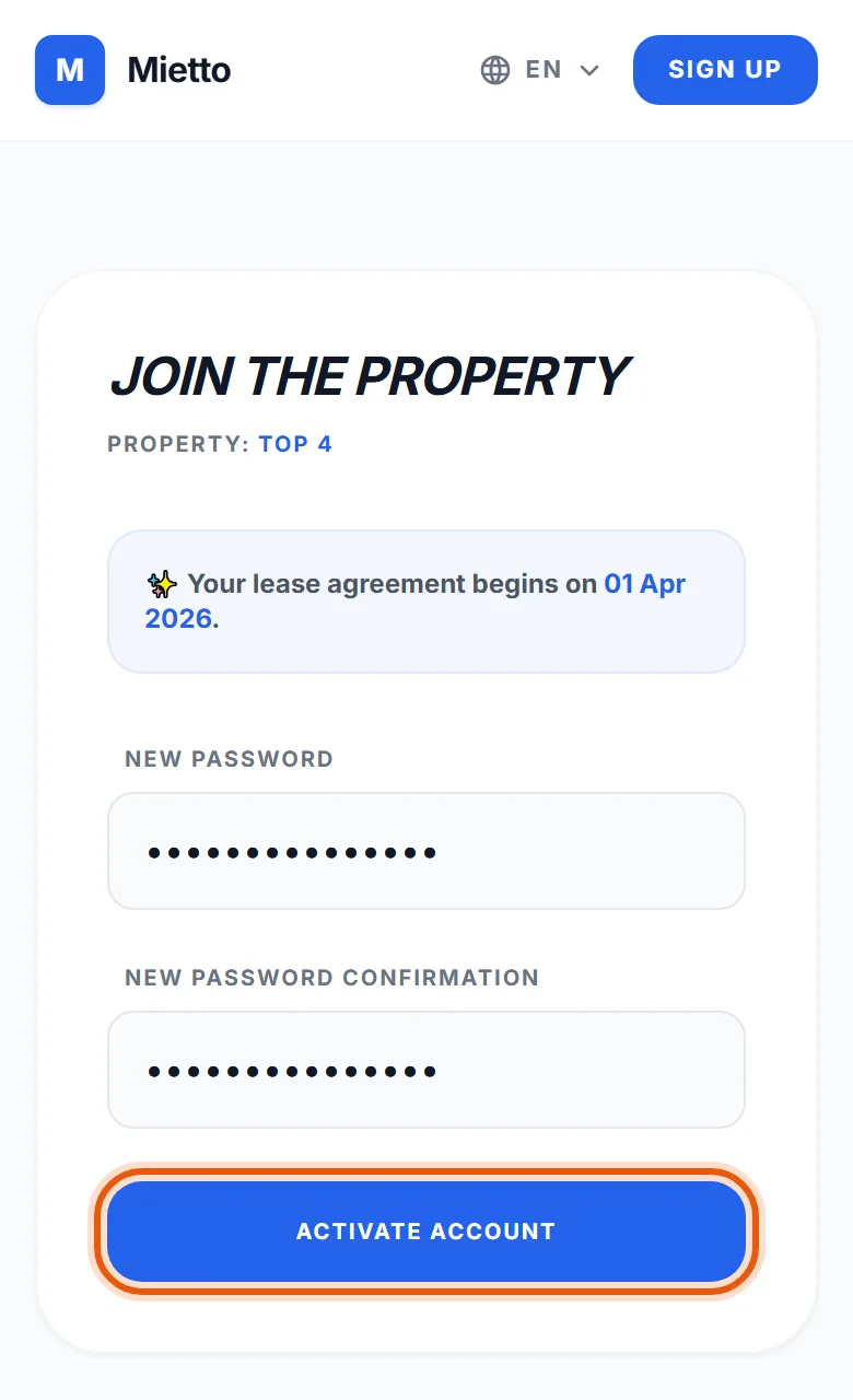 The screen for joining the flat, with two password fields and the button that activates the account.