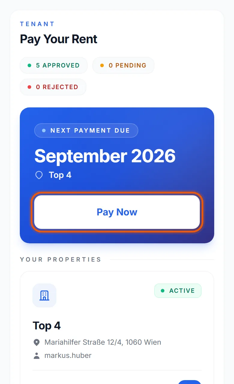 The tenant's dashboard: the next payment due, with the Pay Now button.