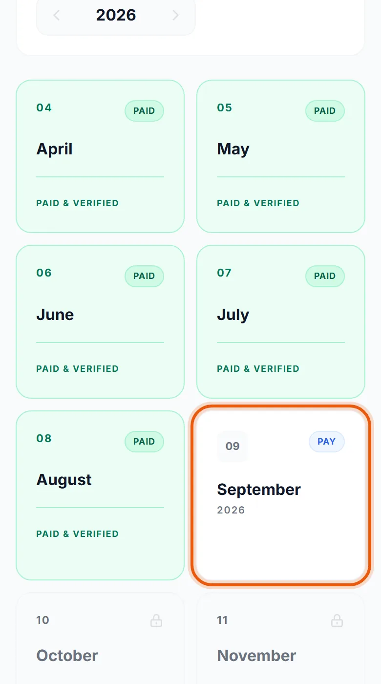 A grid of months: the paid ones confirmed, and this month's card.