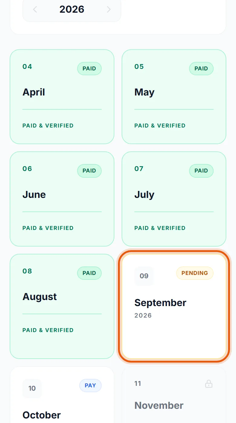 The month grid again, with this month now pending.